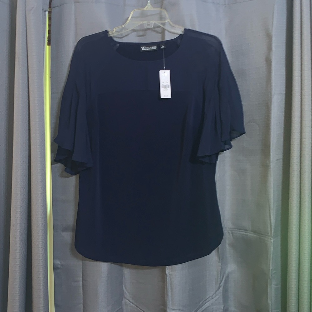 Navy Blue Ruffled Blouse with Sheer Short Sleeves